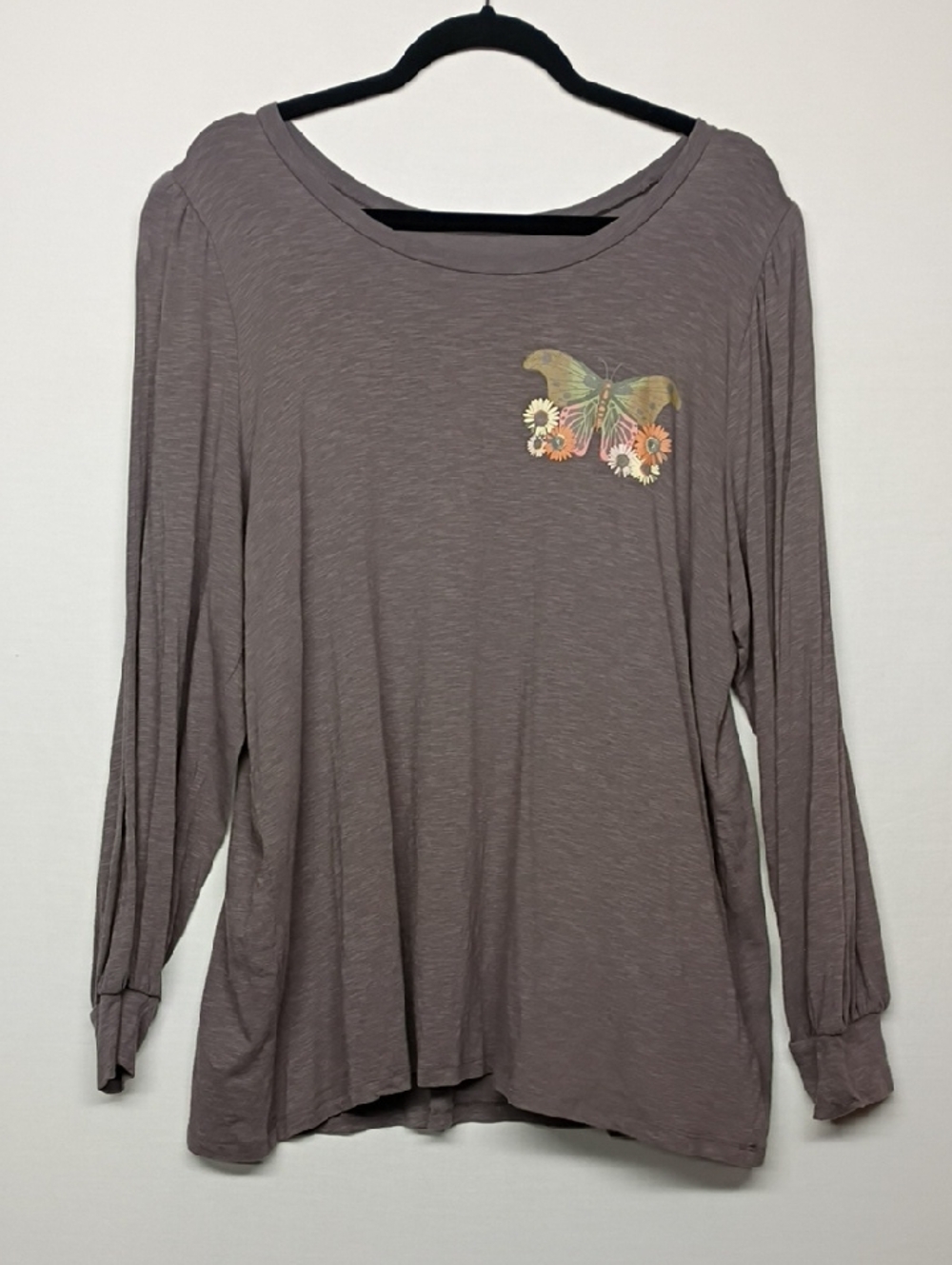 torrid Gray Long Sleeve Crewneck Top with Butterfly Floral Chest Accent